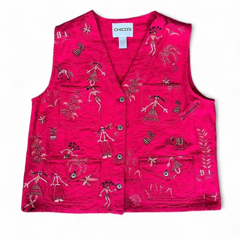 Vintage Chico's Primitive Native Tribal Embroidered Red Vest womens Size 2